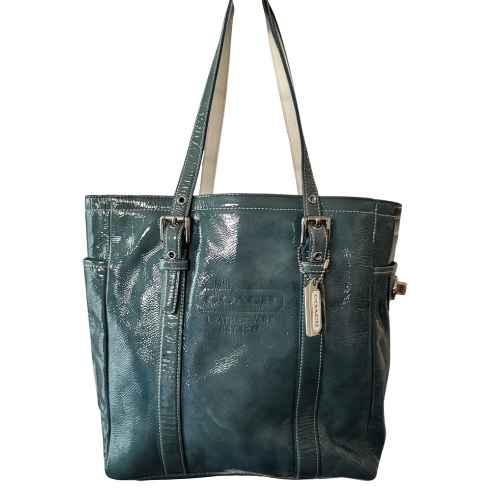 Coach Teal Patent Leather Large Tote Shoulder Bag Rare Color